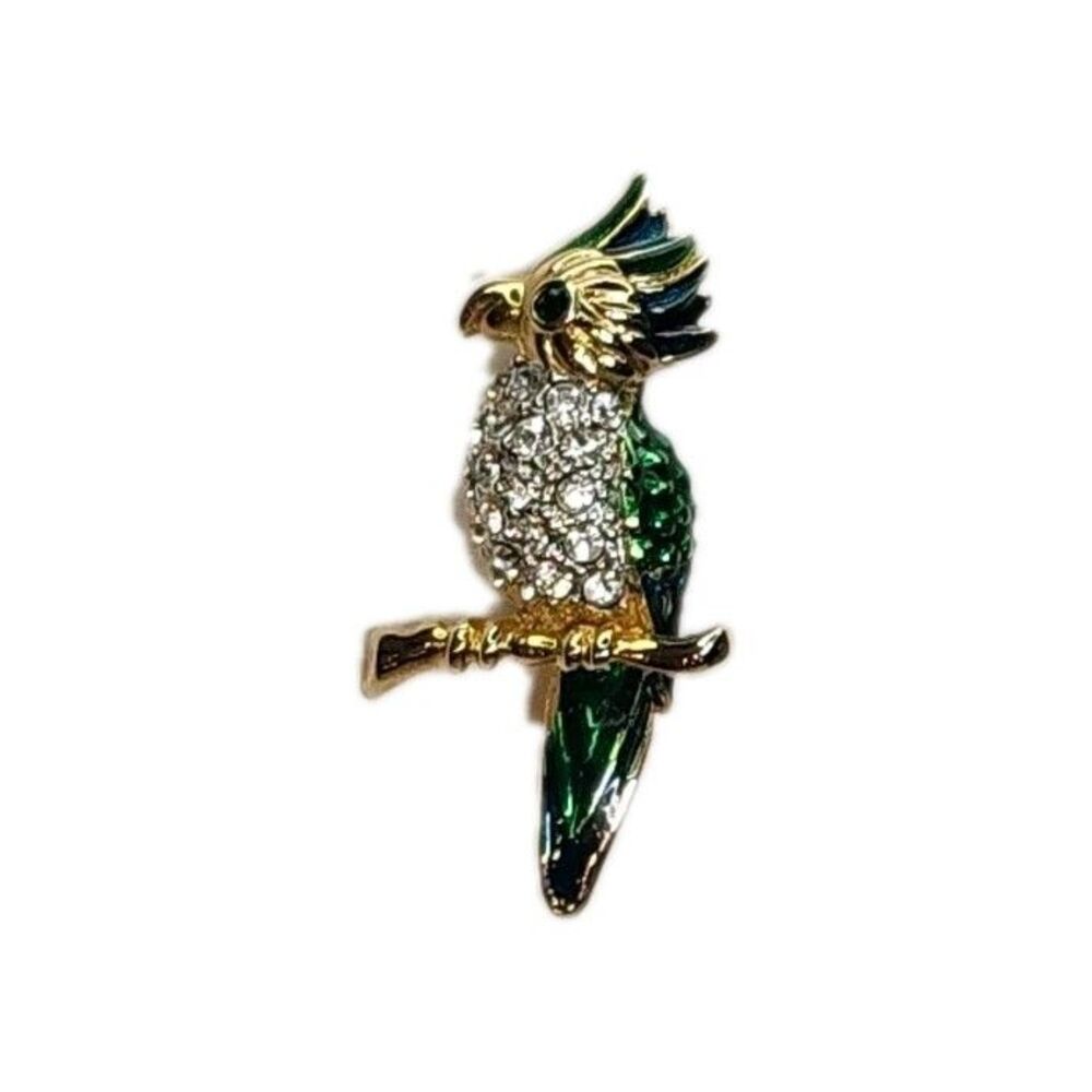 Vintage Gold Tone Green Crystal Rhinestone Parrot Bird Brooch Pin Rare